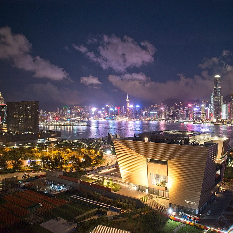 A bird's eye view of the Hong Kong Palace Museum at night.