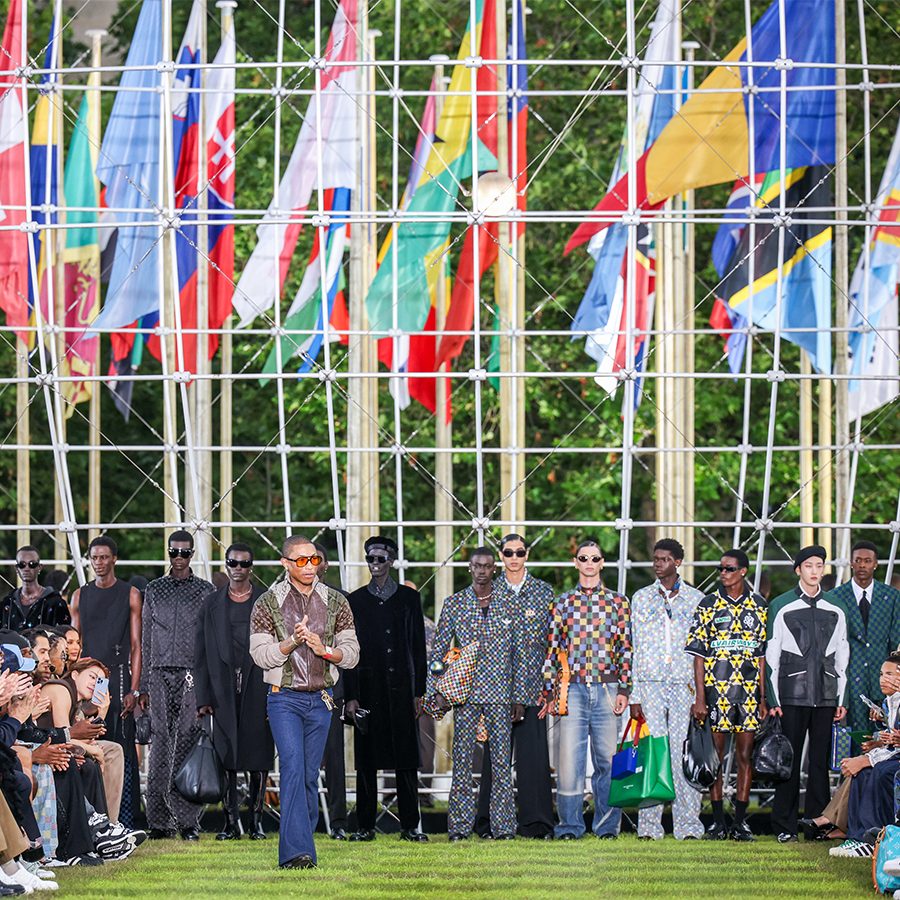 Pharrell Williams with models in Louis Vuitton's Paris Fashion Week 2024