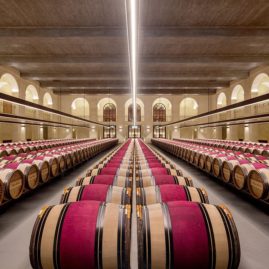 A room filled with brewing barrels at Chateau Montrose