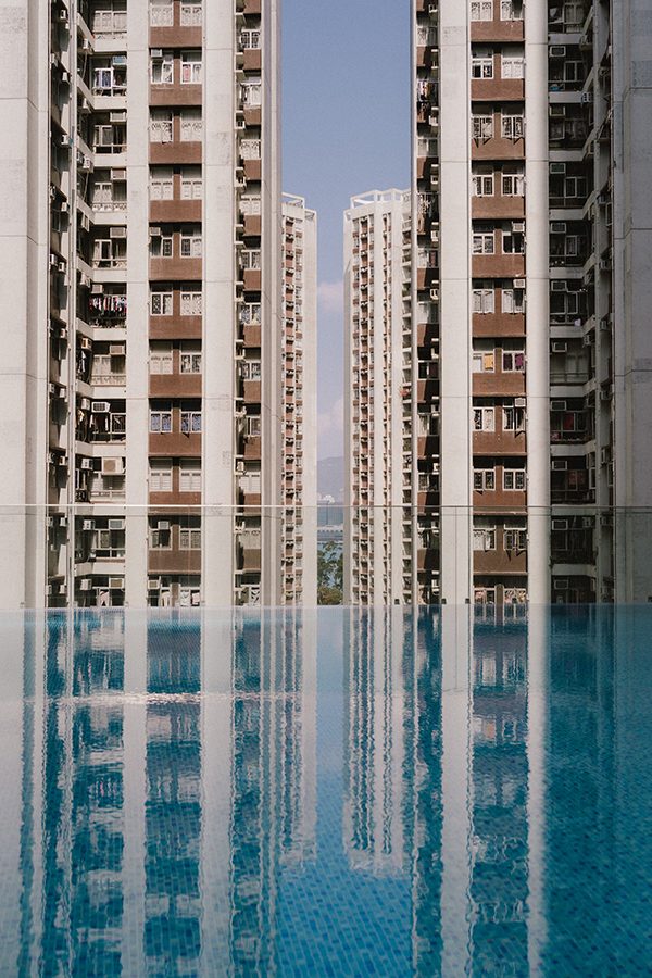A view of nearby residential buildings from EAST Hong Kong's hotel pool