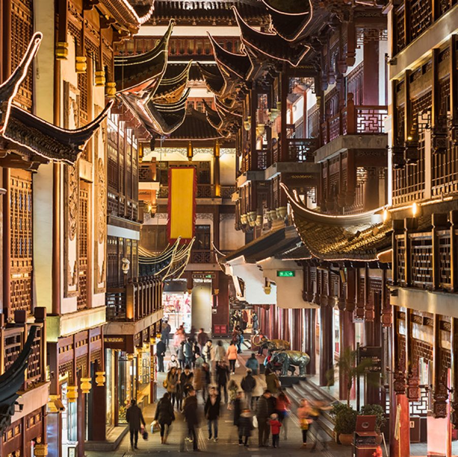Old buildings at night in Shanghai