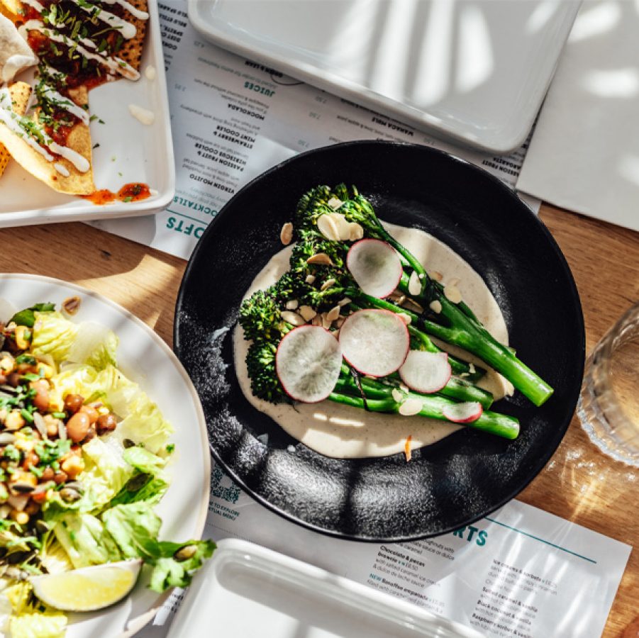 Vegetarian dishes on table spread