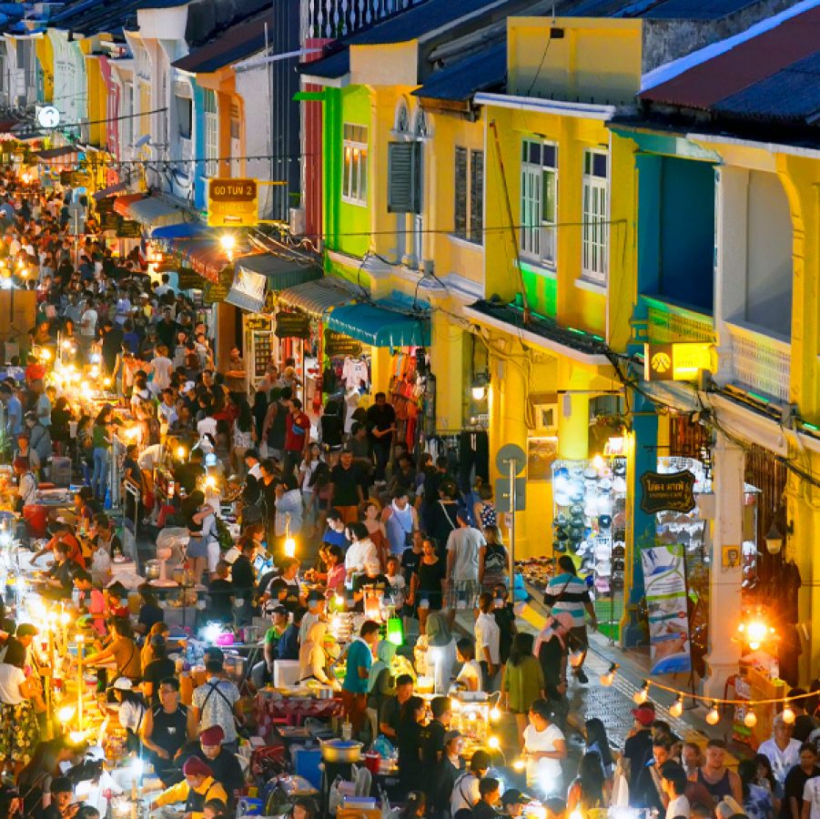 Street market lit up at night