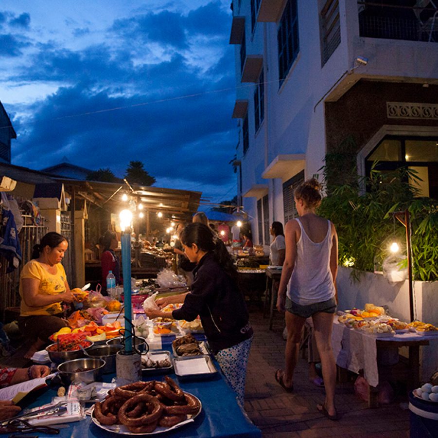 Night view of Luang Prabang Night Market, Laos 