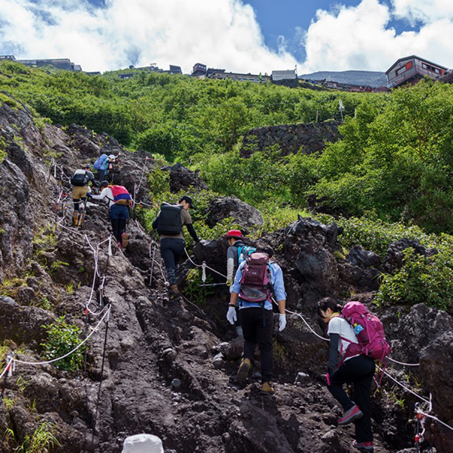 People climbing Mount Fuji, Japan 