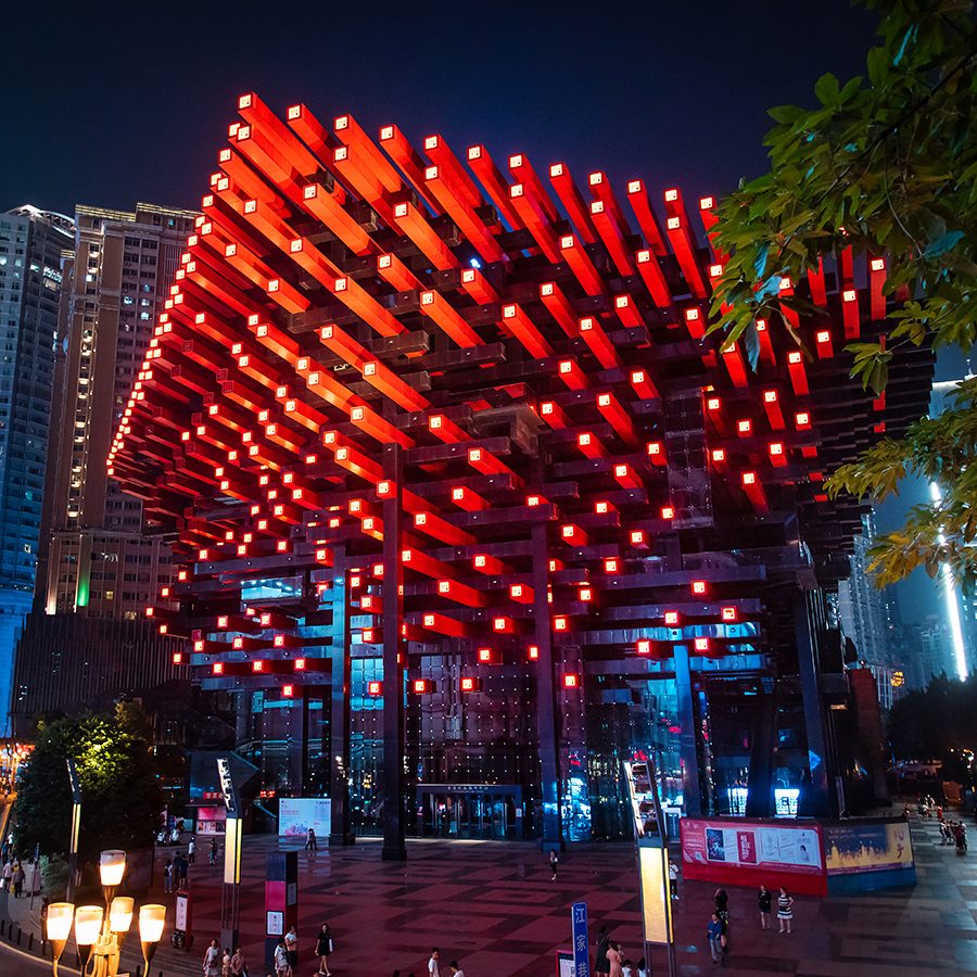 Red lightings on a building in CHongqing