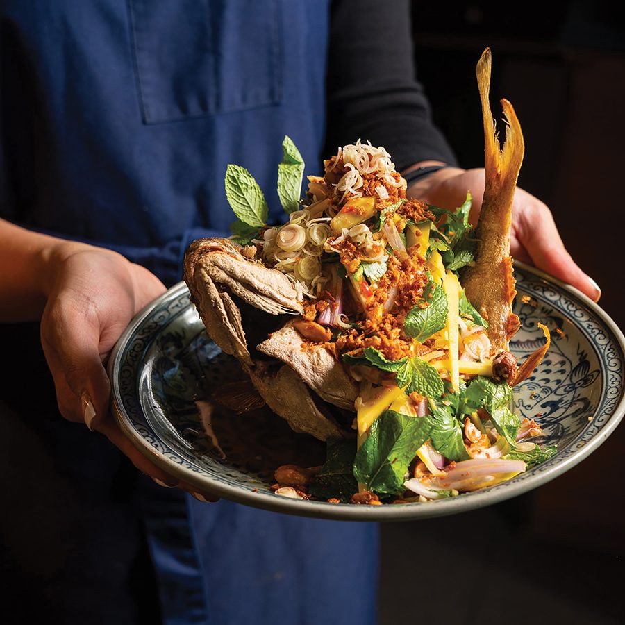 Deep-fried whole barramundi at Porkfat Sydney