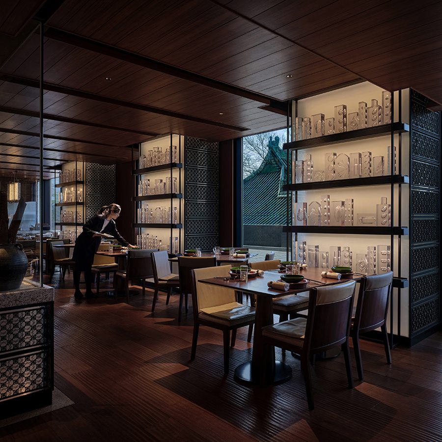 A view of the dining room interior of at Made in China inside the Grand Hyatt Beijing hotel in China