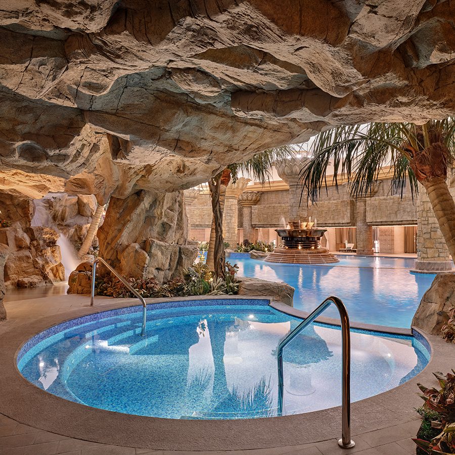 A view of the unique cave swimming pool at the Grand Hyatt Beijing hotel in China