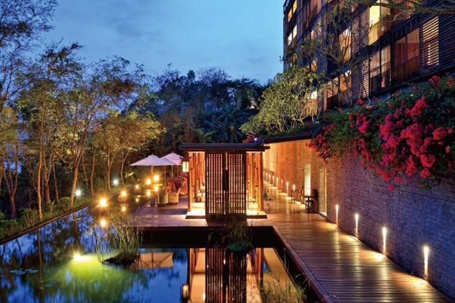 An outdoor view of the courtyard during evening at The Lalu, Sun Moon Lake in Nantau County, Taiwan