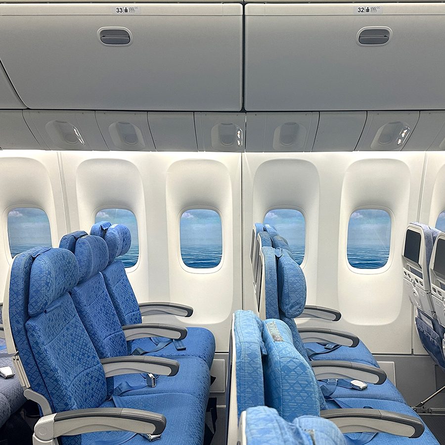 Rows of seats in a cabin mock-up