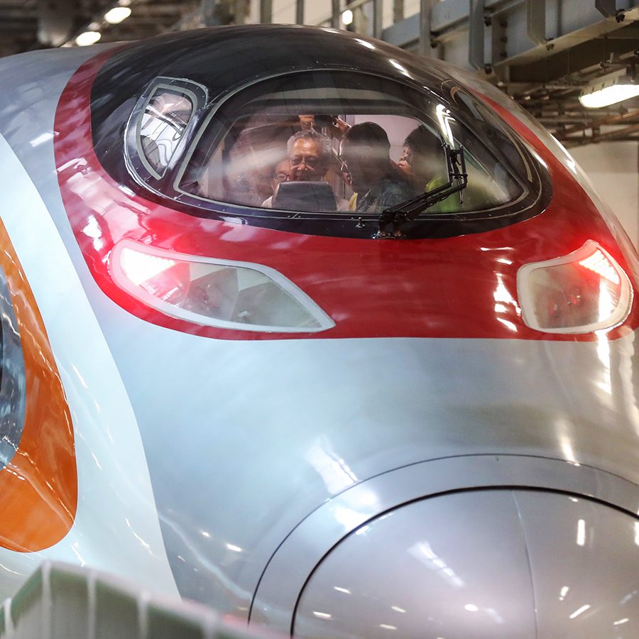 Close up at the front of a high-speed train when legislative council members visit inside