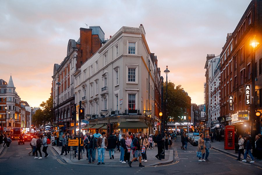 A photo of Soho district at sunset