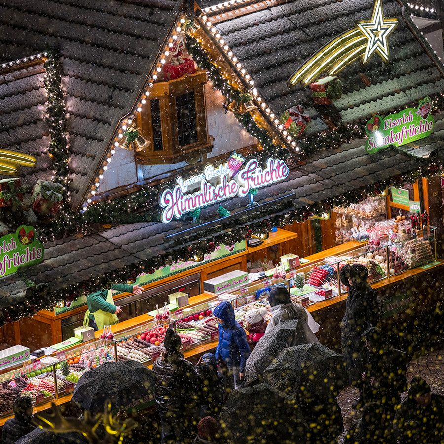 Christmas market with lights on in Germany 