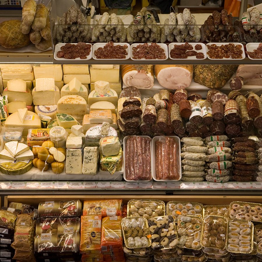 A market stand selling cheese at Kleinmarkthalle