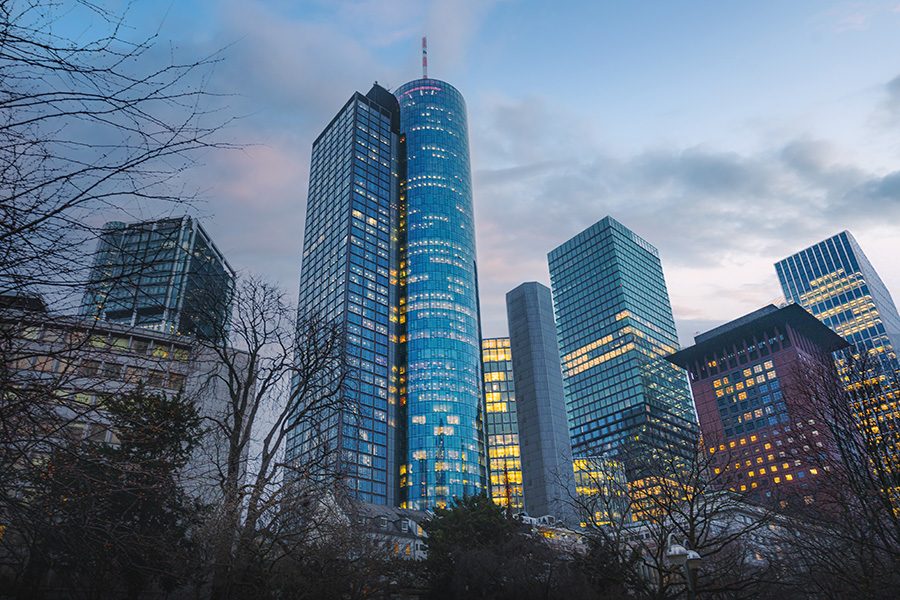 Modern buildings in Frankfurt financial district with Main Tower
