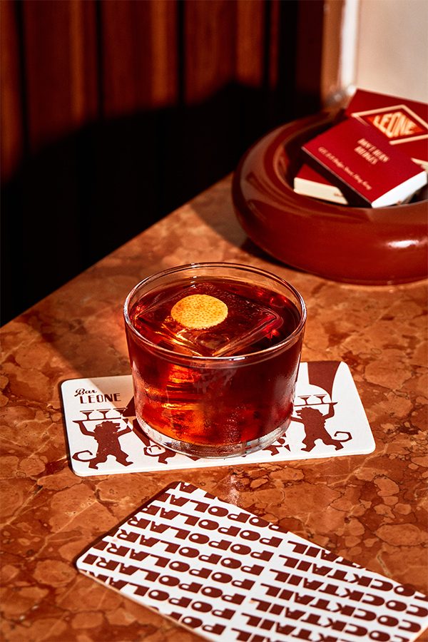 A negroni cocktail served in a glass at Bar Leone, Hong Kong