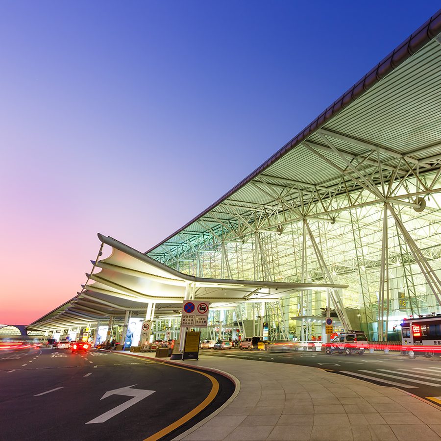 A view from outside of Baiyun International Airport during sunset in Guangzhou, China