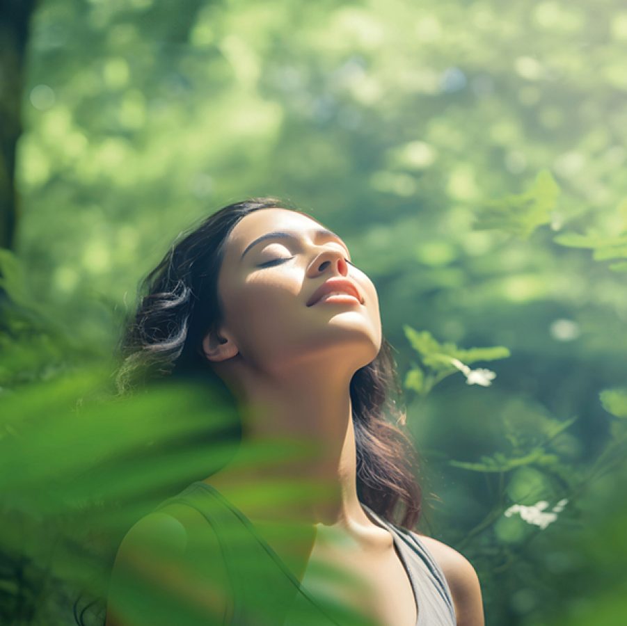 A woman forest bathing in the wild, breathing in fresh air in nature