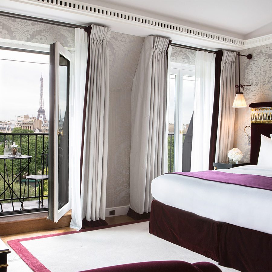 Interior photos of the bedroom at La Réserve Paris.
