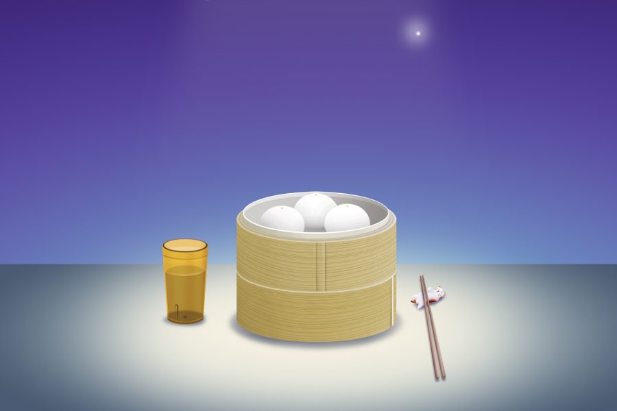 A cage of dim sum and a cup of tea
