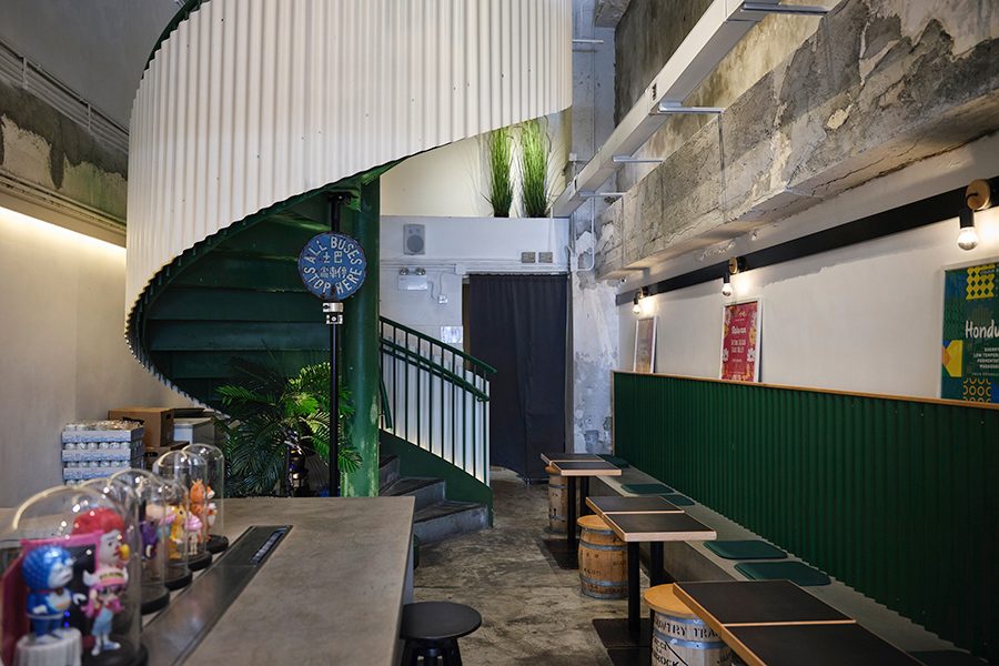 The spiral staircase inside Colour Brown x GO.ON Space in Sham Shui Po, Hong Kong. 