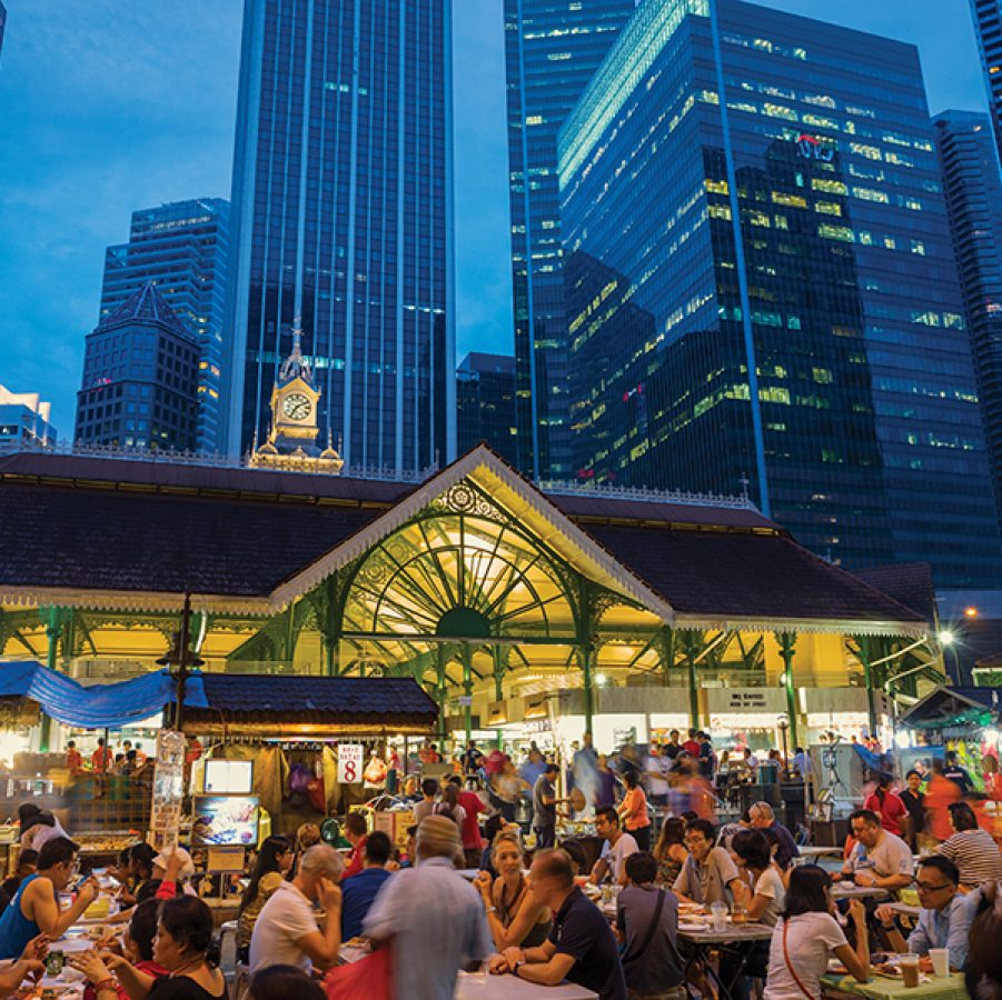 People talking and having meals at singapore market