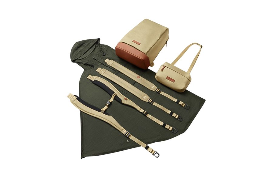 Lojel's Eblo All Conditions Set with backpack, sling pouch, changeable shoulder straps, and a packable utility poncho