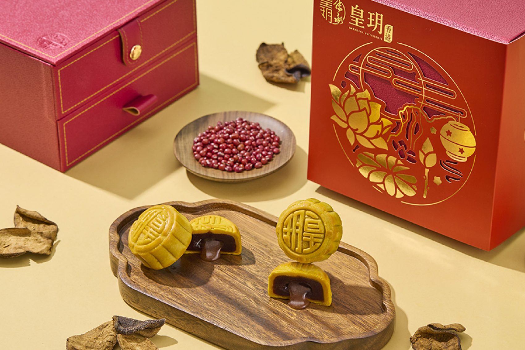 Mooncakes from Imperial Patisserie in a red box.