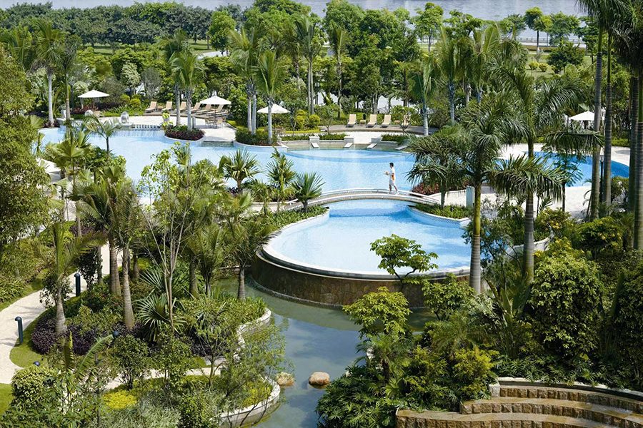 An aerial view of swimming pools at Shangri La Guangzhou