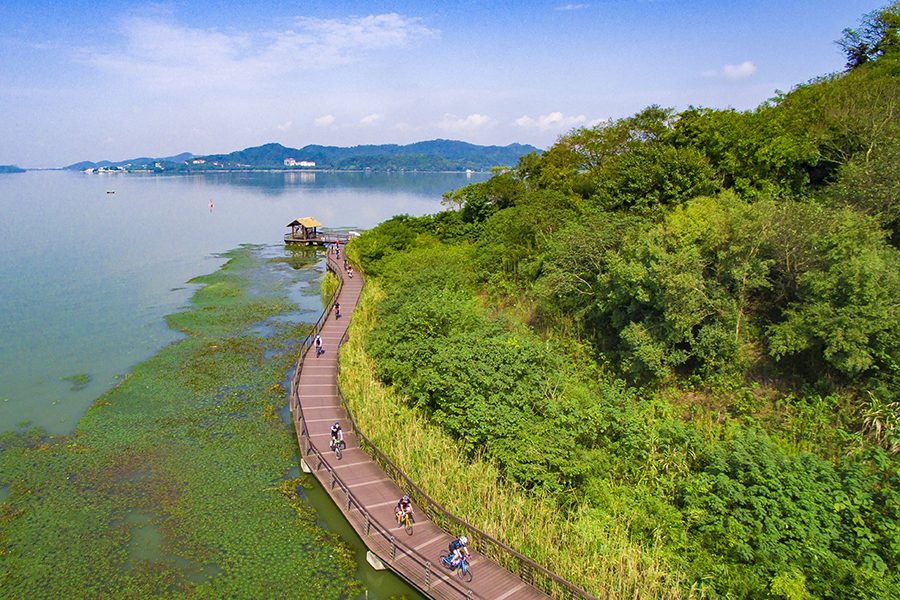 An aerial view of a biking road near Dongqian Lake in Ningbo Zhejiang