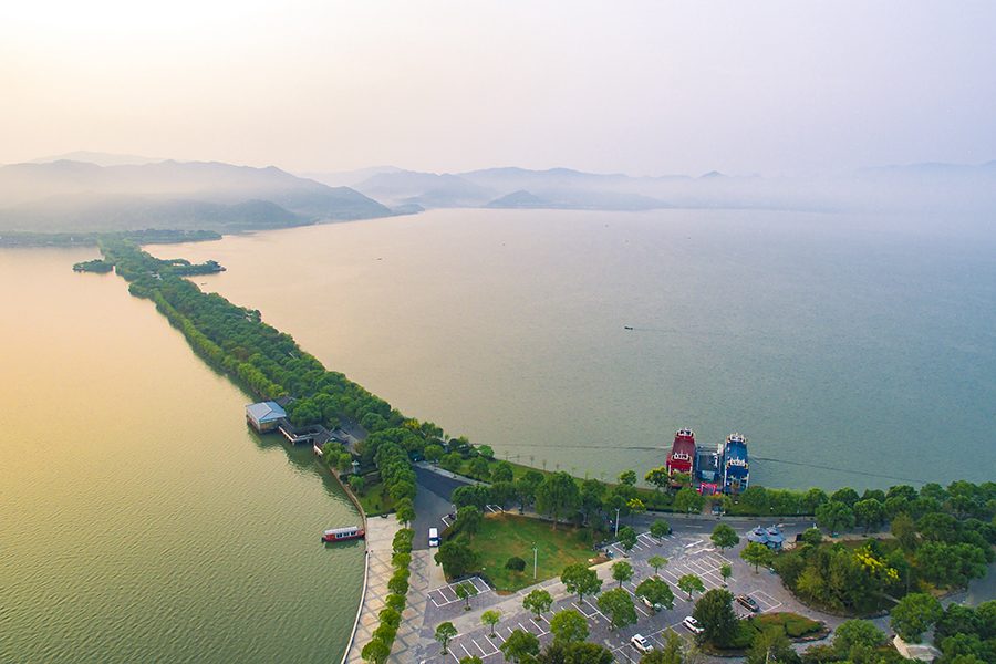 An aerial view of Dongqian Lake in Ningbo Zhejiang
