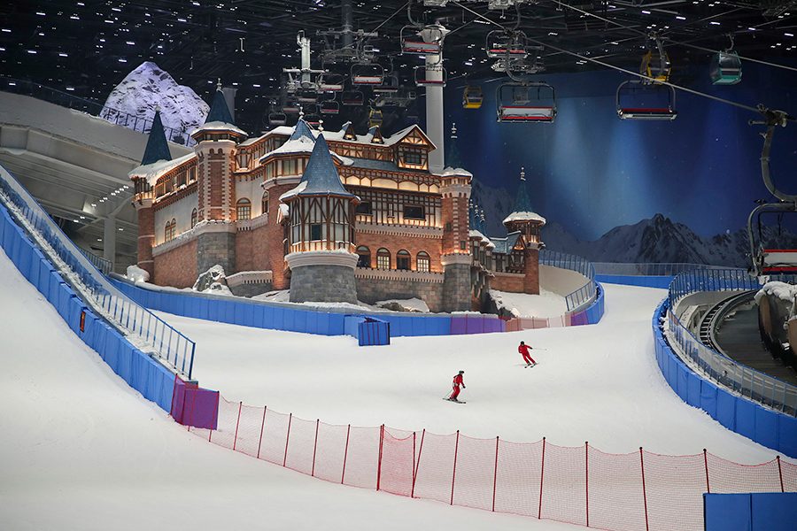 A shot of a person coming down a slope in Wintastar’s skiing facility, Shanghai  