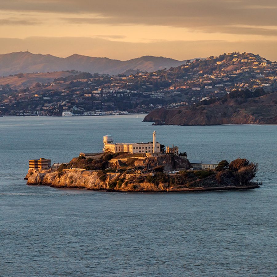 Alcatraz Island, a small island in the bay, offshore from San Francisco, California.