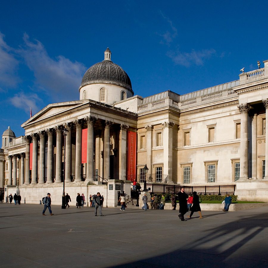The exterior portico of the National Gallery in London