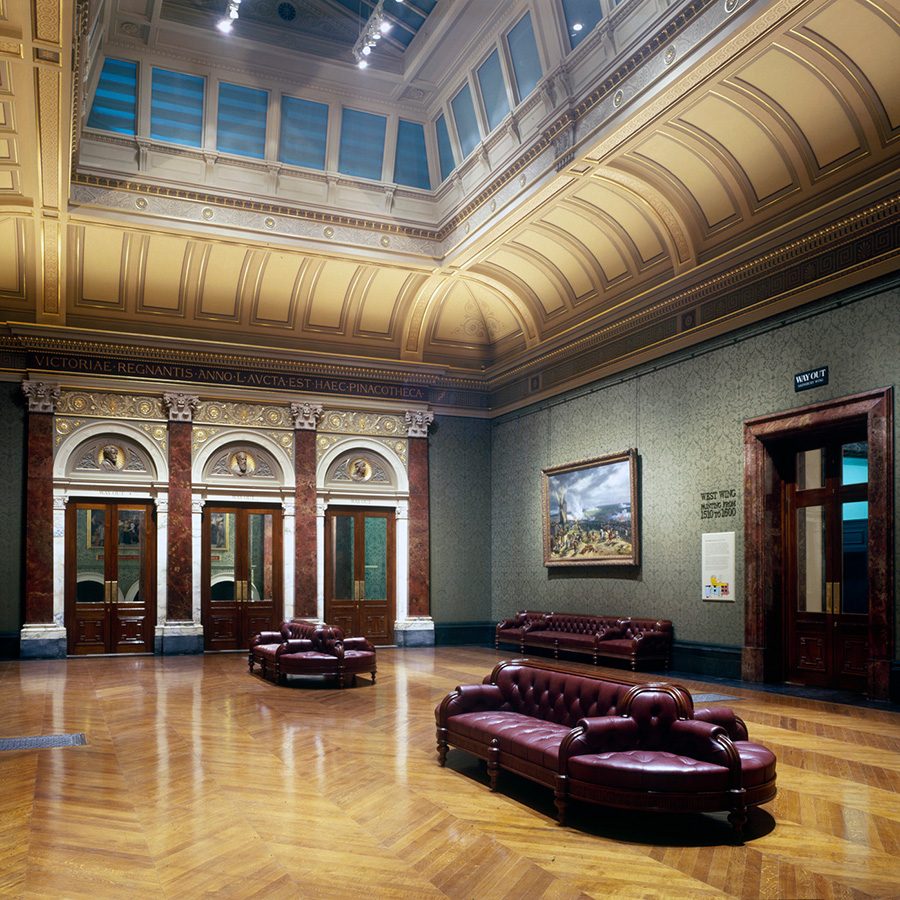 The green-walled Central Hall of the National Gallery in London