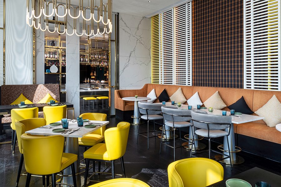 Bright, modern and colourful dining room interiors inside TY600 restaurant at Hyatt Centric Lakeside Ningbo, China 
