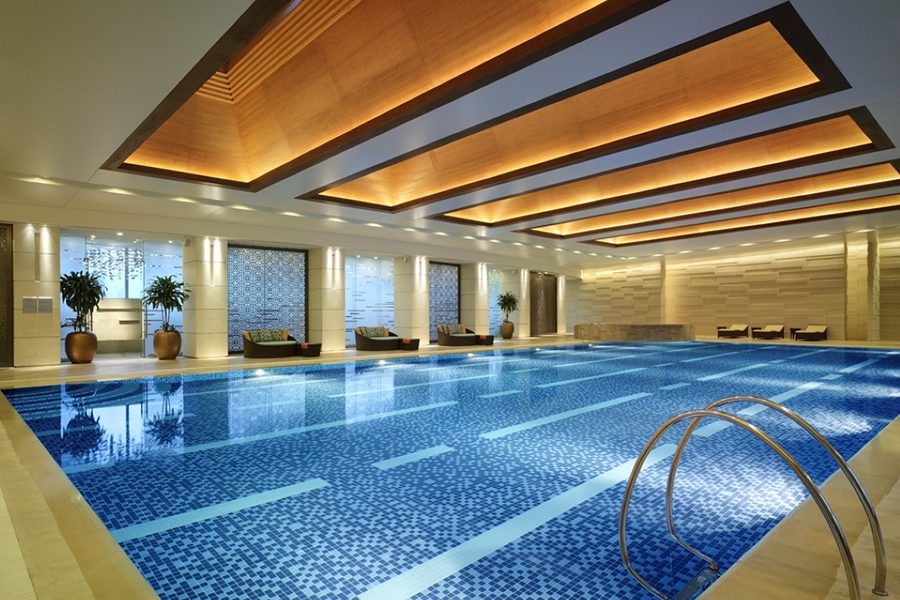 An interior view of the indoor swimming pool at Shangri-La Ningbo, China