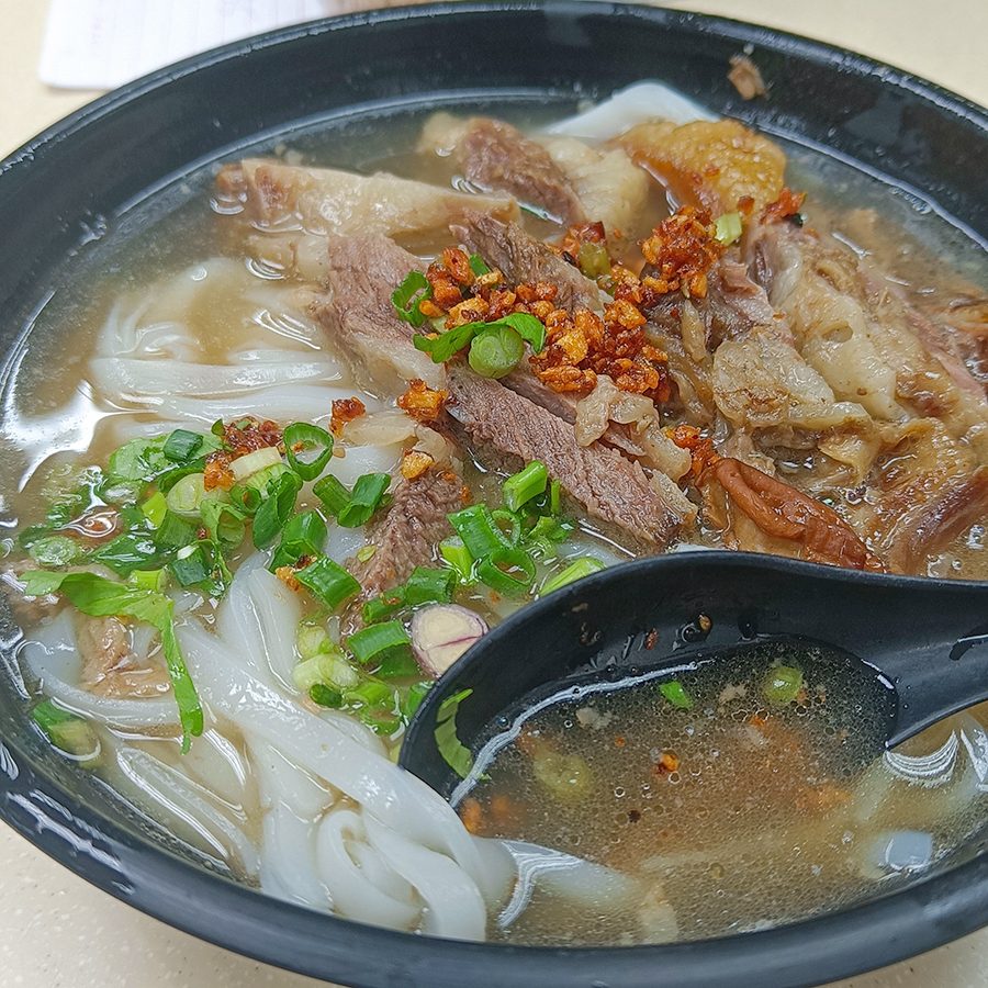 A bowl of beef brisket with rice noodles in soup at a restaurant in Hong Kong. 