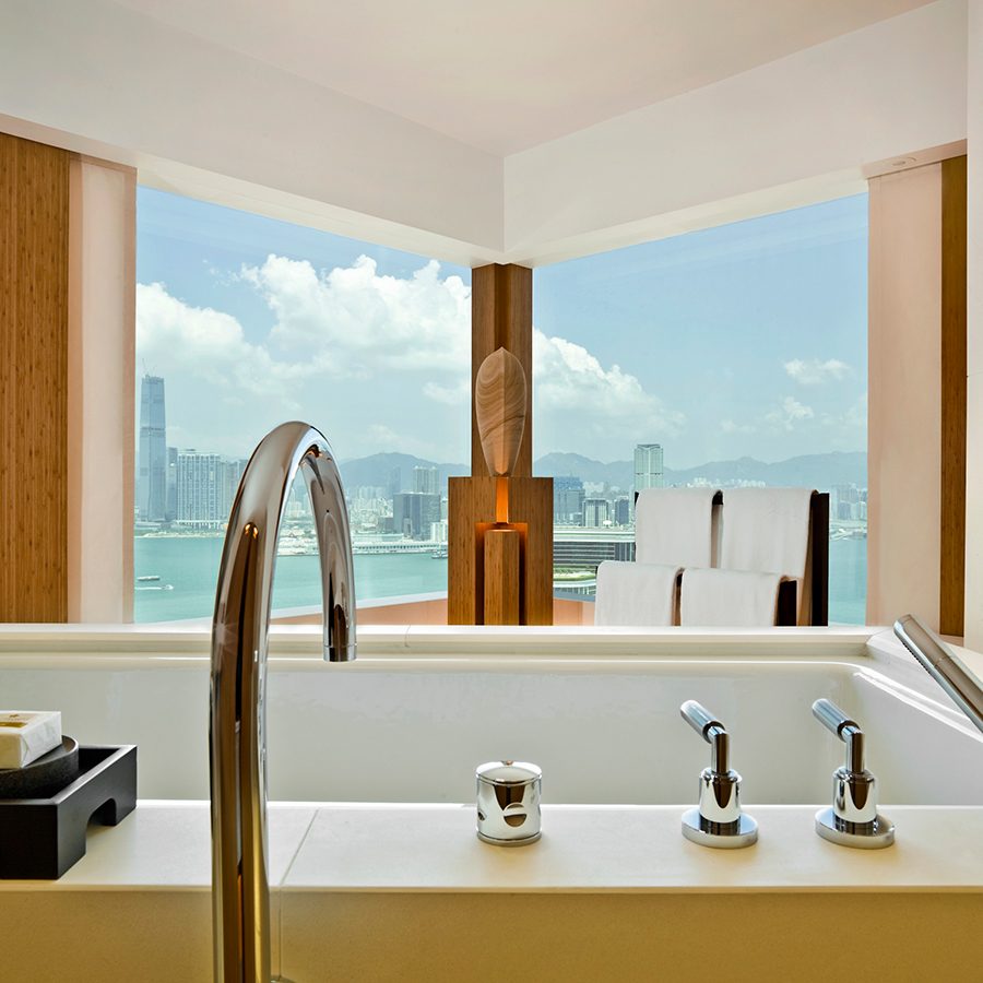 A bathtub in The Upper House’s Penthouse suite, which looks out onto Victoria Harbour from above. 