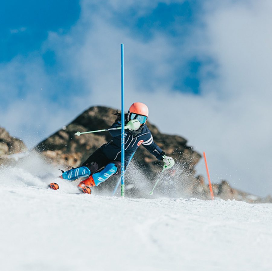 Audrey King practicing slalom on the slopes