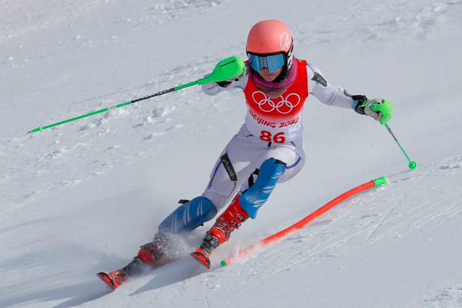 Hong Kong Olympian Audrey King skiing during the Beijing 2022 Winter Olympics