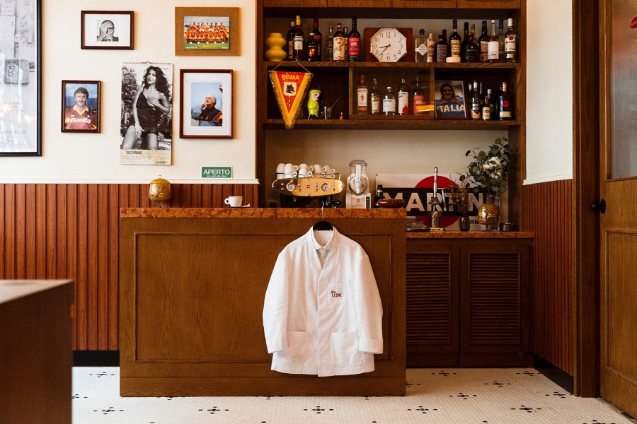  A white coat hanging on a counter at Bar Leone in Central, Hong Kong 