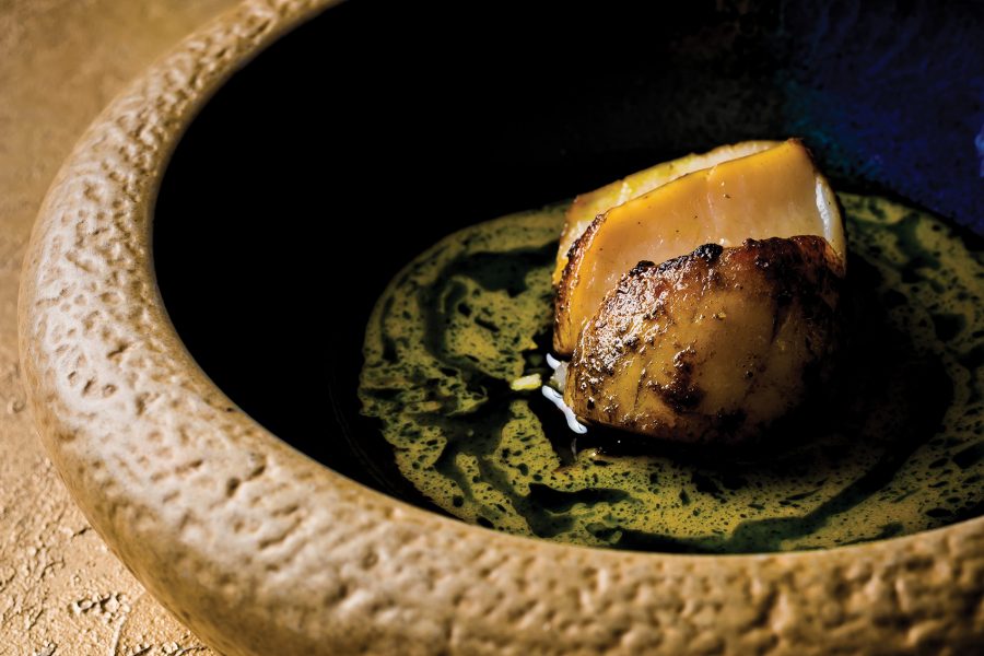 Badami Korma, a dish at Opheem, Birmingham, made with freshwater king prawn, mooli, apple and almond 