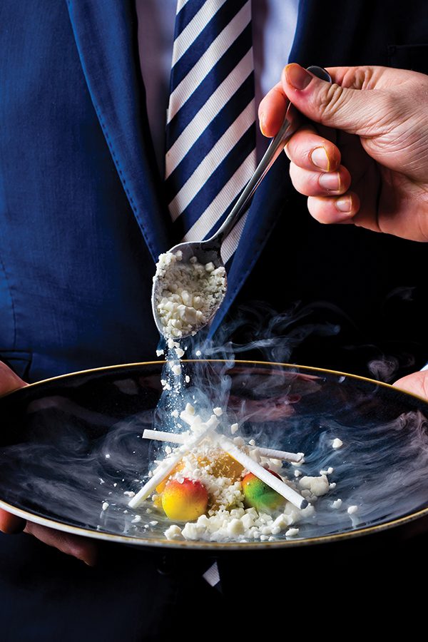 AAM, a dessert at Opheem, Birmingham, made with Alphonso mango, kheer, and white chocolate namelaka 