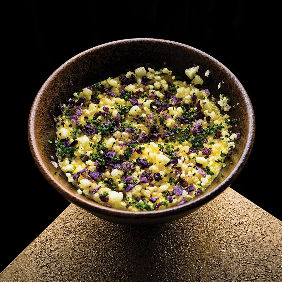 Aloo Tuk, a dish at Opheem, Birmingham, made with Achaari pink fir potato, mango and tamarind