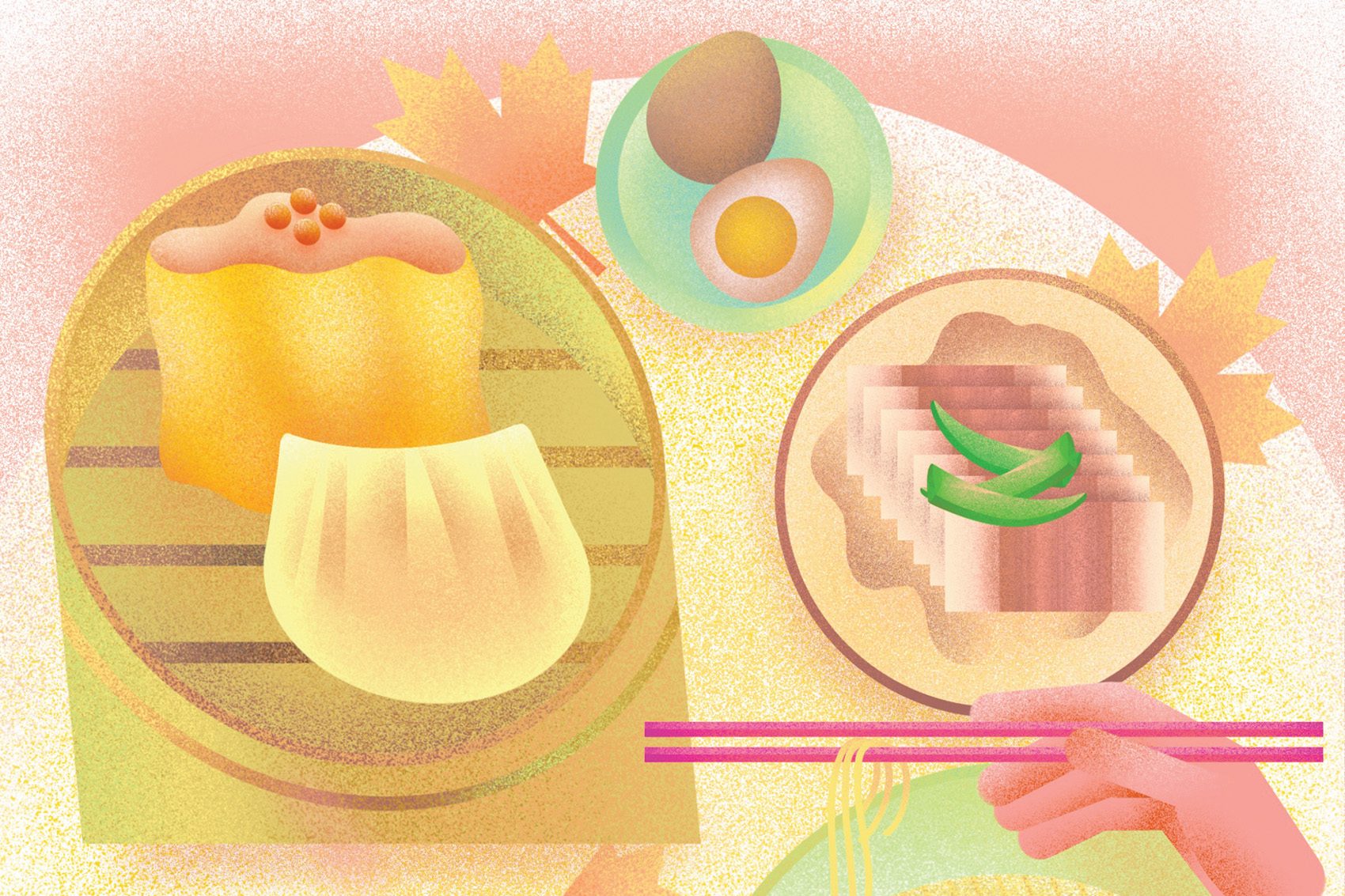 Illustration of dim sum, noodles and eggs 
