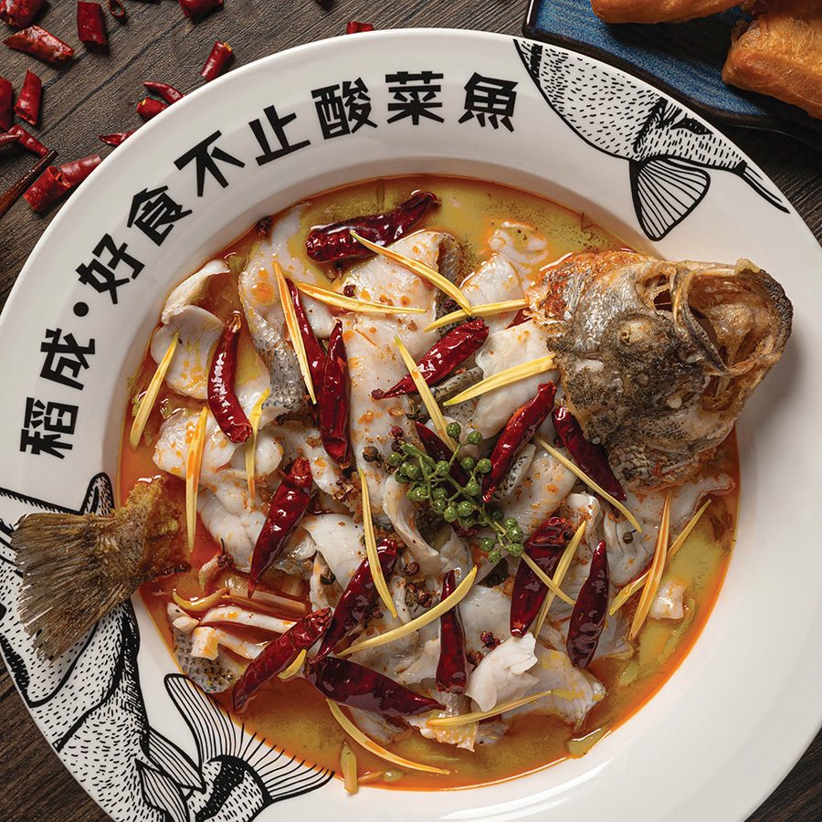 A top-down view of a spicy fish dish at Dab-pa