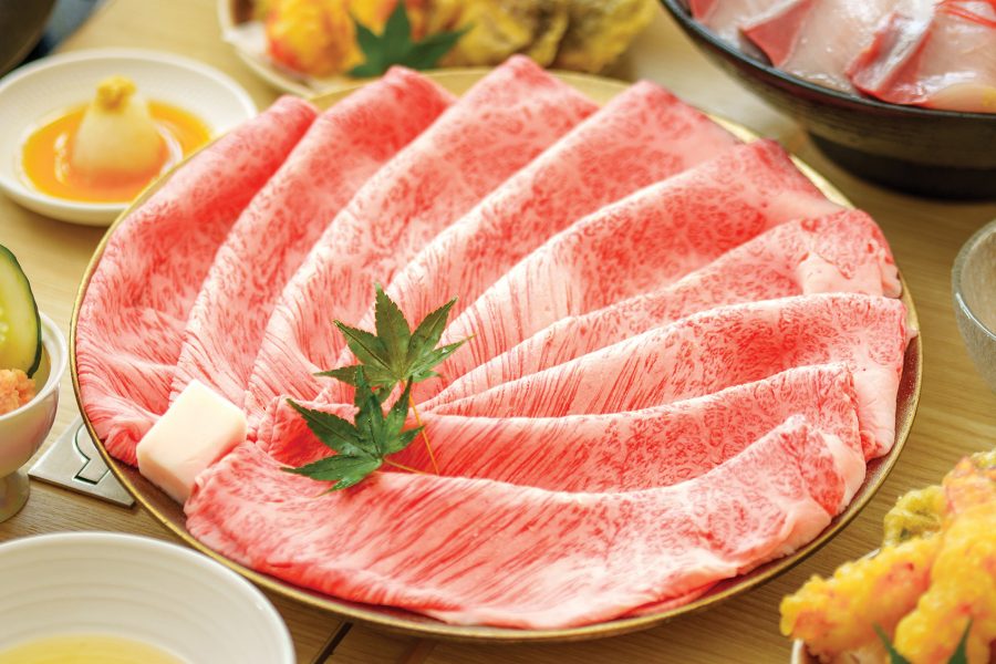 A platter of well-marbled beef at sukiyaki restaurant Gyujin HANARE Platinum Label, located in Causeway Bay, Hong Kong 