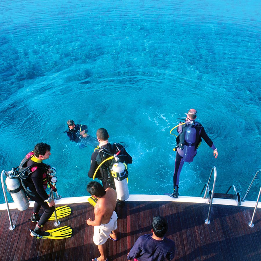 Scuba divers about to jump in the water